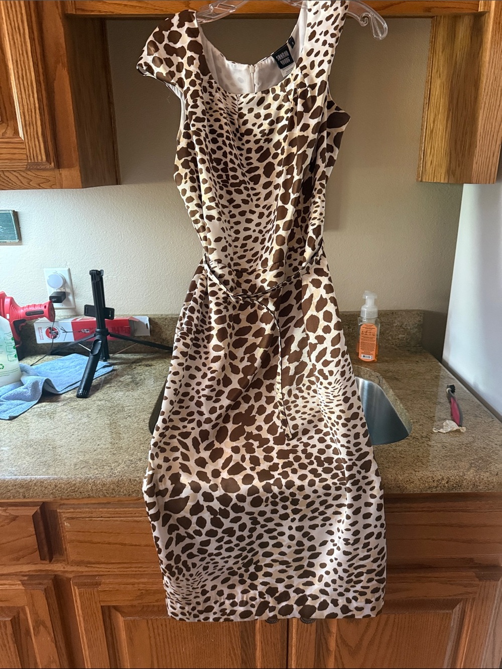 Sharon Young Cream and Brown Leopard Print Midi Dress